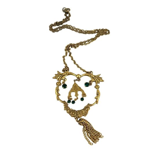 Victorian Revival Gold Tone Necklace 16 Inch With Green Rhinestone & Tassel Acce - Picture 6 of 10